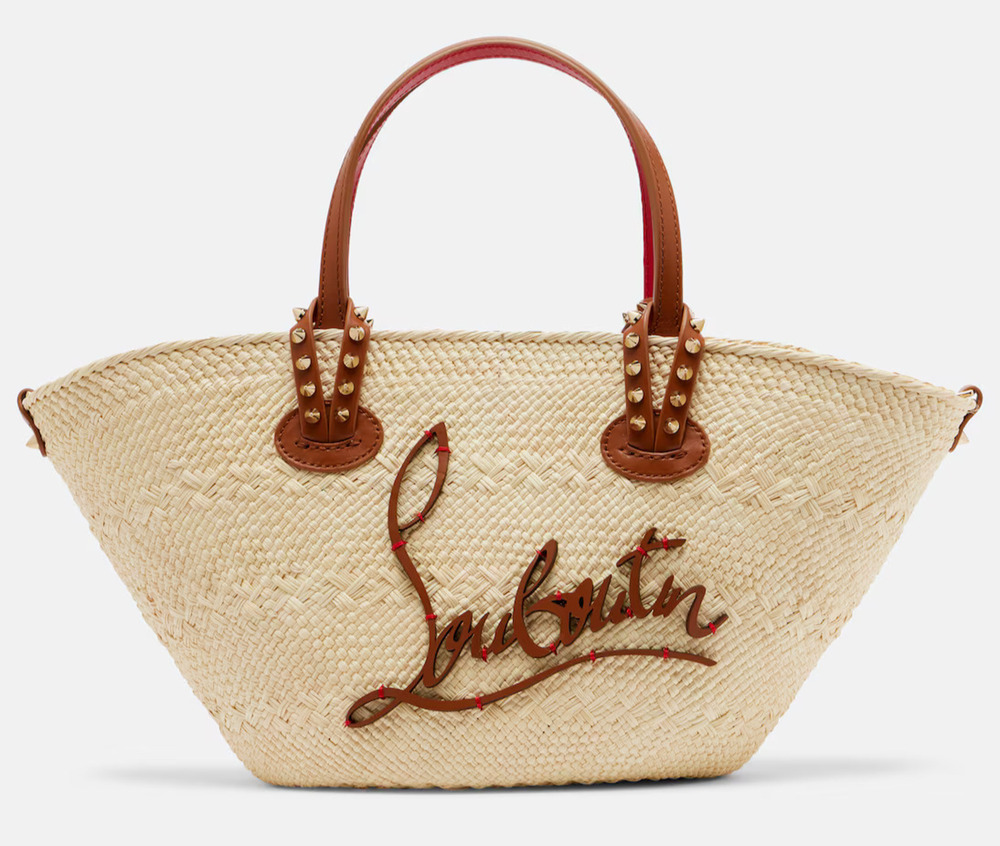 Christian Louboutin Cabata Raffia Natural Brown Leather Top Handle Shoulder Bag
